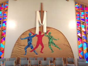 Inspired by Rublev's Icon of the Holy Trinity, and the writing of Richard Rohr, this image of the Dance Trinity was mounted on the East wall of our nave during the Lent and Easter seasons, 2017.