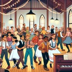 Cartoon AI image of people contra dancing 