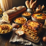 AI image of some Lasagna, Bread, and Mac & Cheese